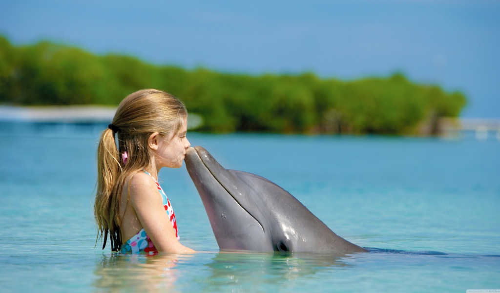 Friendship Between Girl And Dolphin wallpaper 1024x600