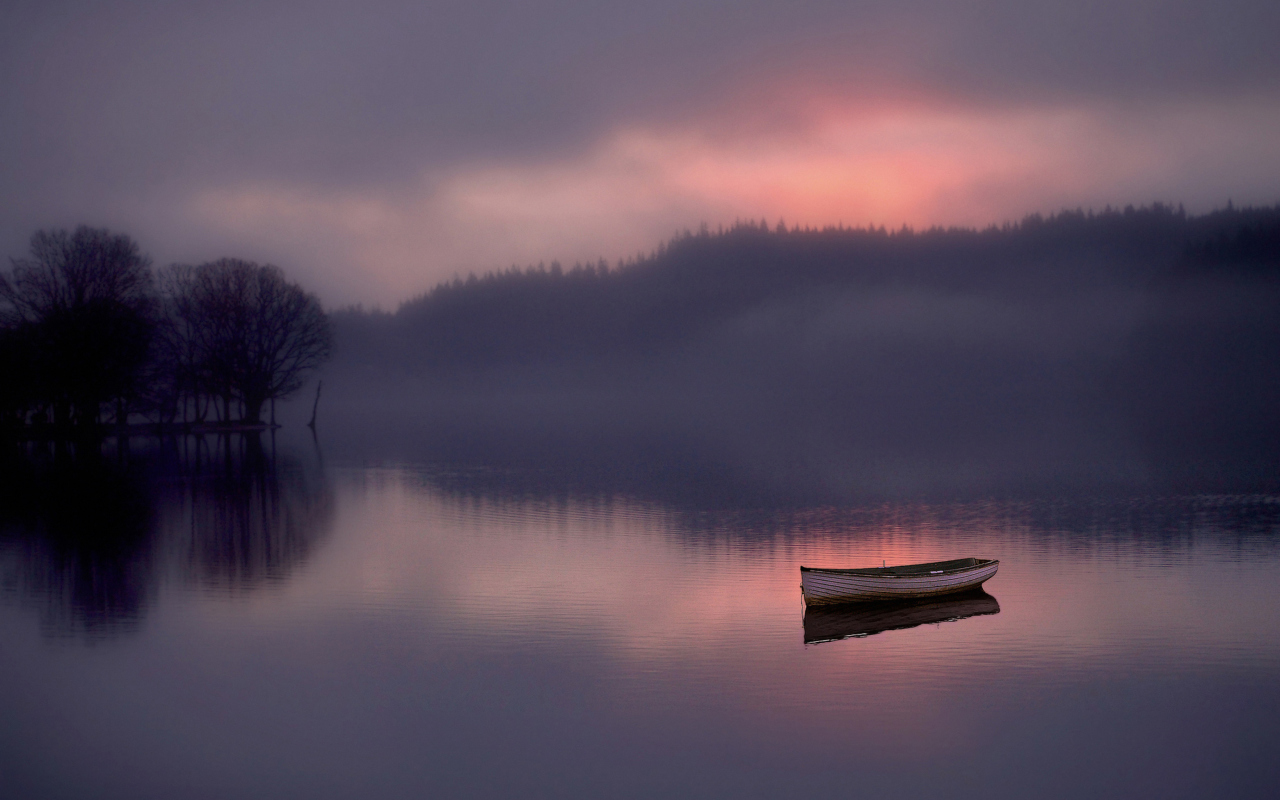 Lonely Boat And Foggy Landscape screenshot #1 1280x800