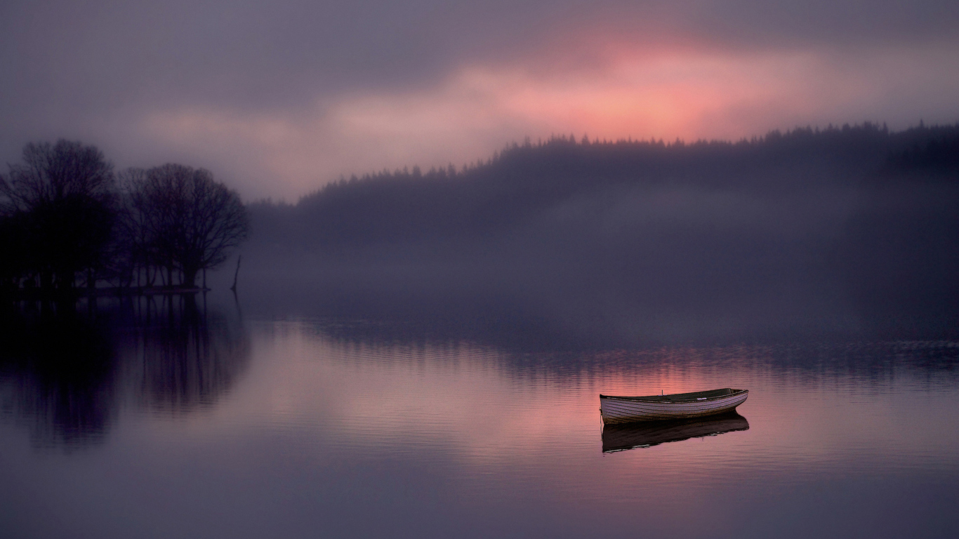 Lonely Boat And Foggy Landscape wallpaper 1366x768