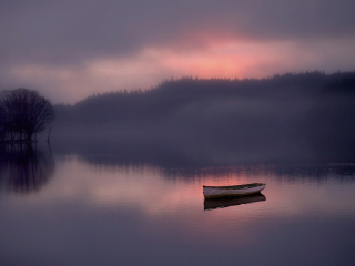 Обои Lonely Boat And Foggy Landscape 320x240