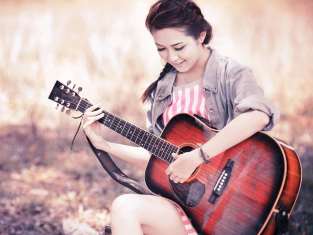 Chinese girl with guitar wallpaper 640x480