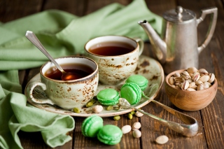 Pistachio Macarons And Tea Picture for Android, iPhone and iPad