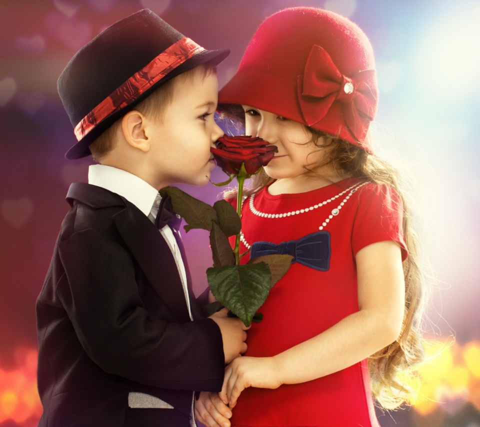 Cute Kids Couple With Rose wallpaper 960x854