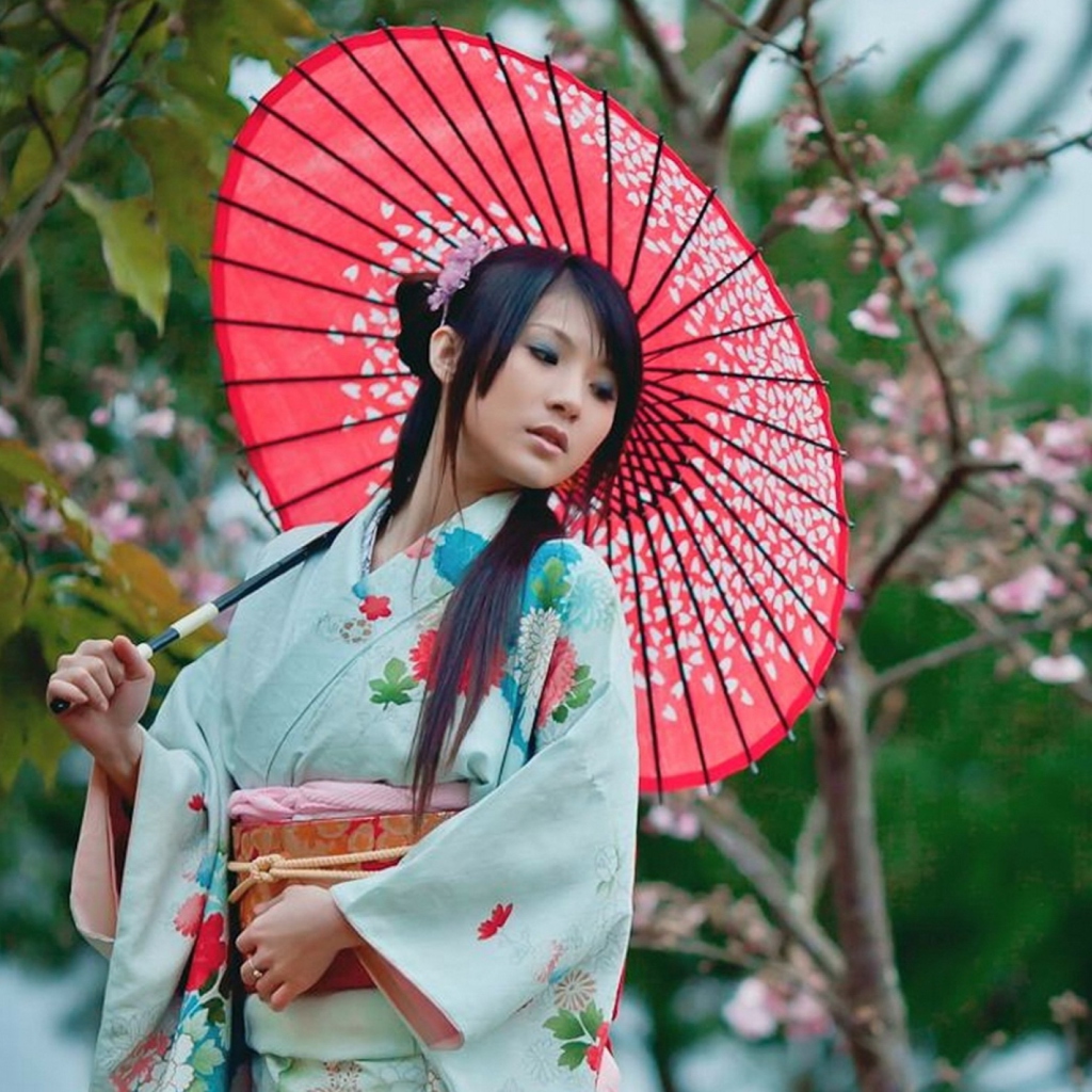 Sfondi Girl In Kimono And Japanese Umbrella 1024x1024