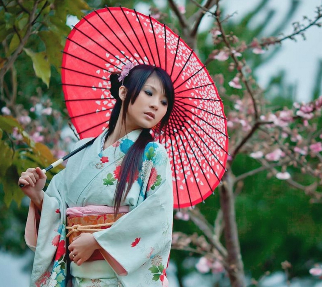 Обои Girl In Kimono And Japanese Umbrella 1080x960