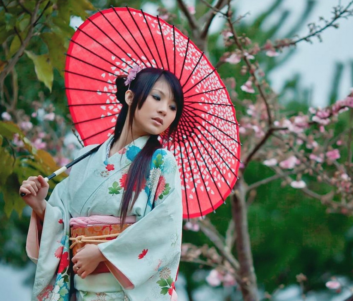 Fondo de pantalla Girl In Kimono And Japanese Umbrella 1200x1024
