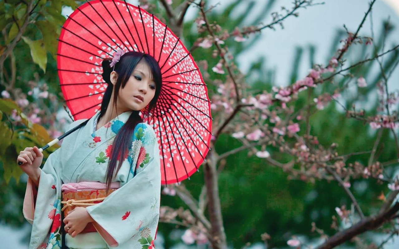 Обои Girl In Kimono And Japanese Umbrella 1280x800