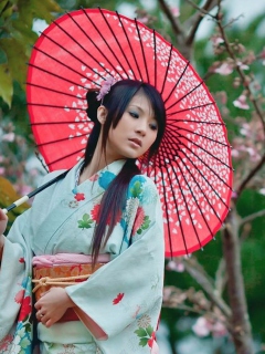 Das Girl In Kimono And Japanese Umbrella Wallpaper 240x320