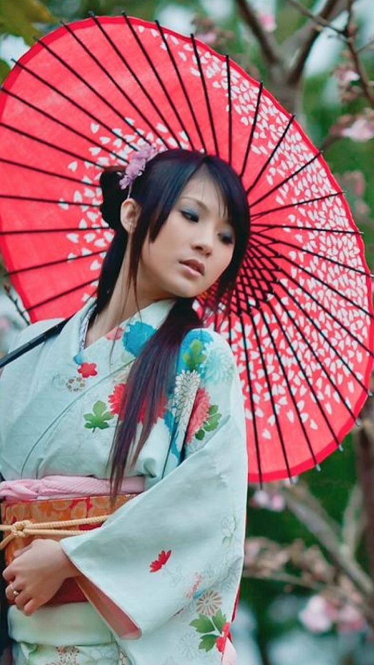 Sfondi Girl In Kimono And Japanese Umbrella 750x1334