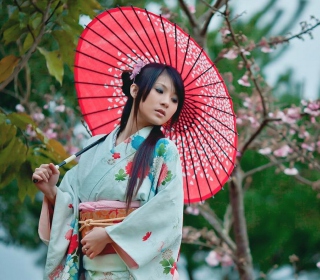 Girl In Kimono And Japanese Umbrella Wallpaper for iPad 3