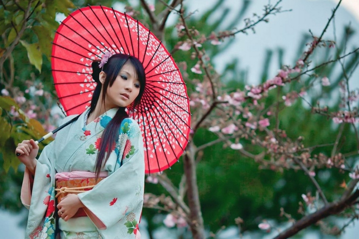 Das Girl In Kimono And Japanese Umbrella Wallpaper