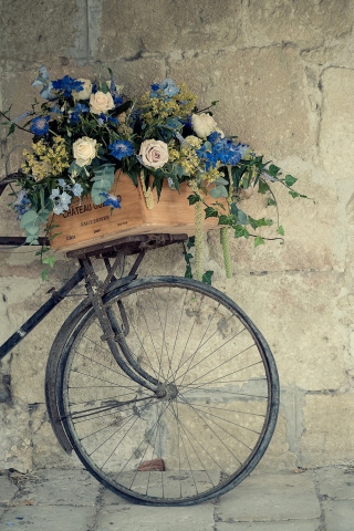 Das Bicycle With Basket Full Of Flowers Wallpaper 320x480