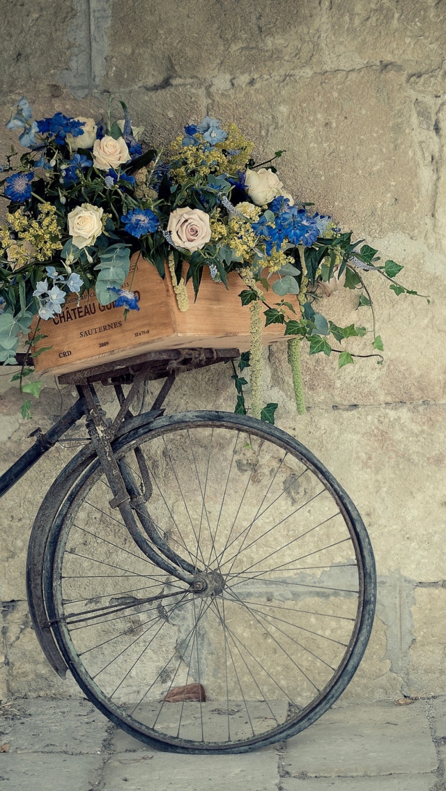 Bicycle With Basket Full Of Flowers wallpaper 640x1136