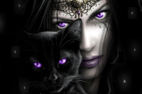 Обои Witch With Black Cat 480x320