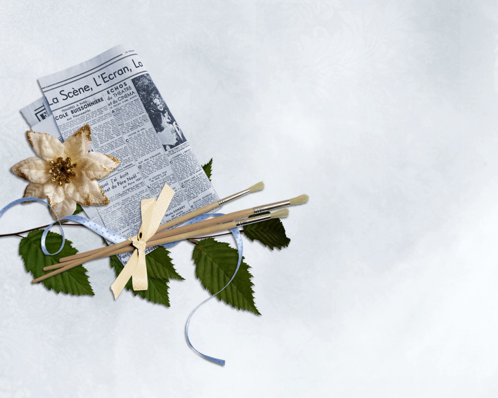 Sfondi Newspaper, Brushes And Flower 1600x1280