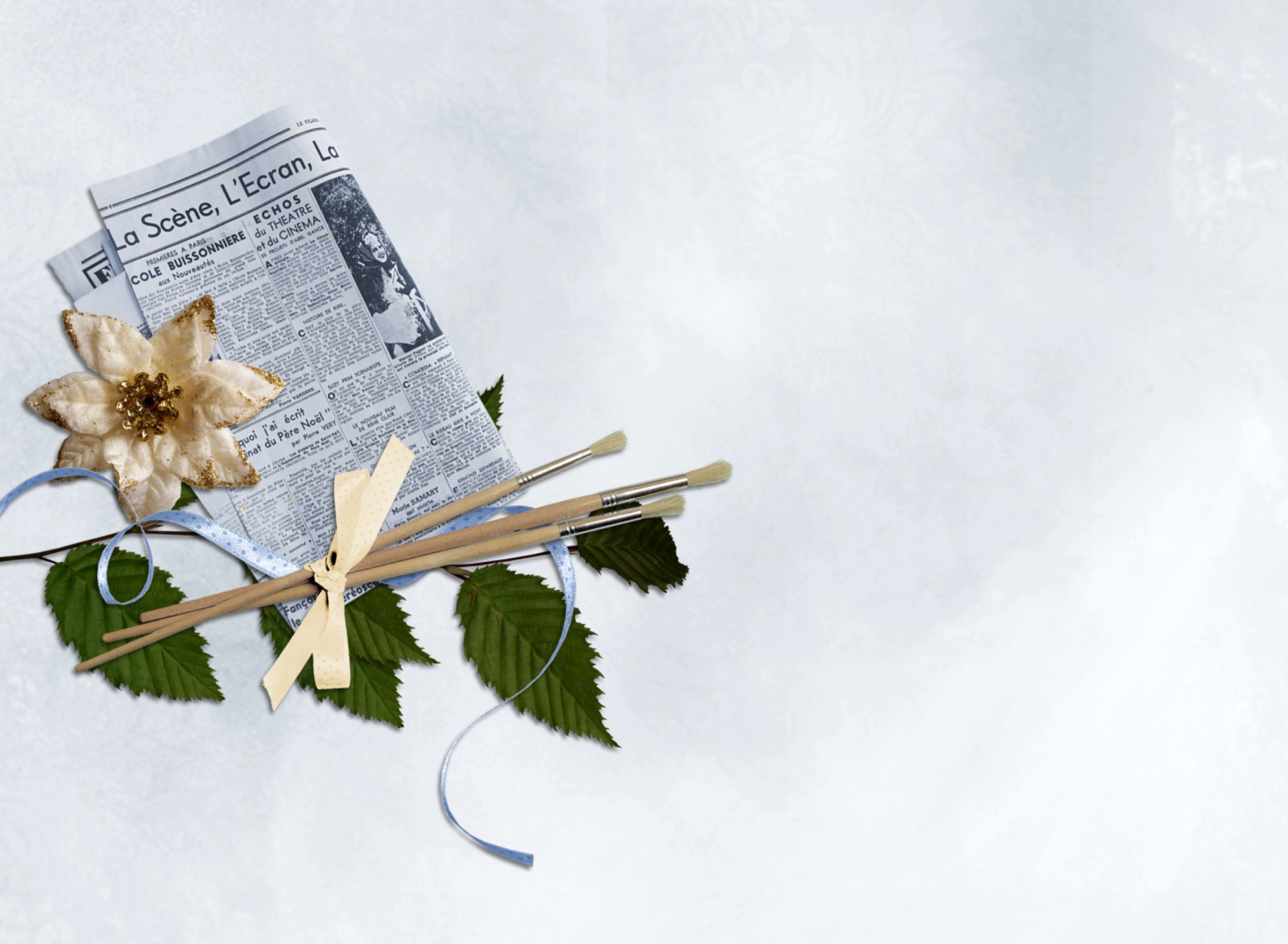 Newspaper, Brushes And Flower wallpaper 1920x1408