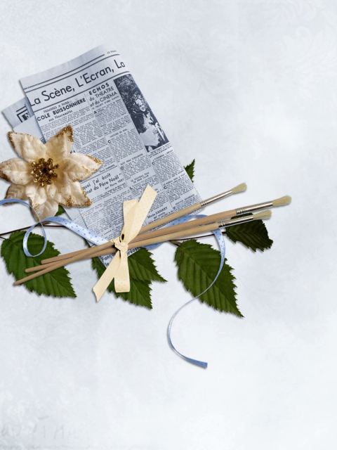 Newspaper, Brushes And Flower wallpaper 480x640