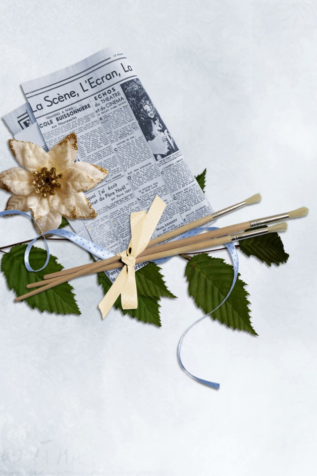 Sfondi Newspaper, Brushes And Flower 640x960