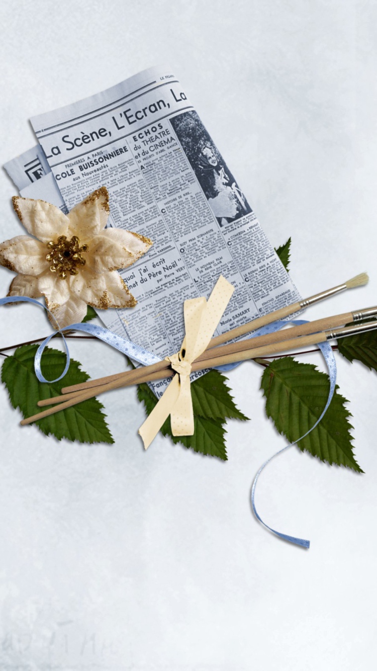 Sfondi Newspaper, Brushes And Flower 750x1334