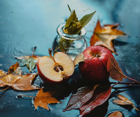 Autumn Red Apple and Leaves screenshot #1 480x400