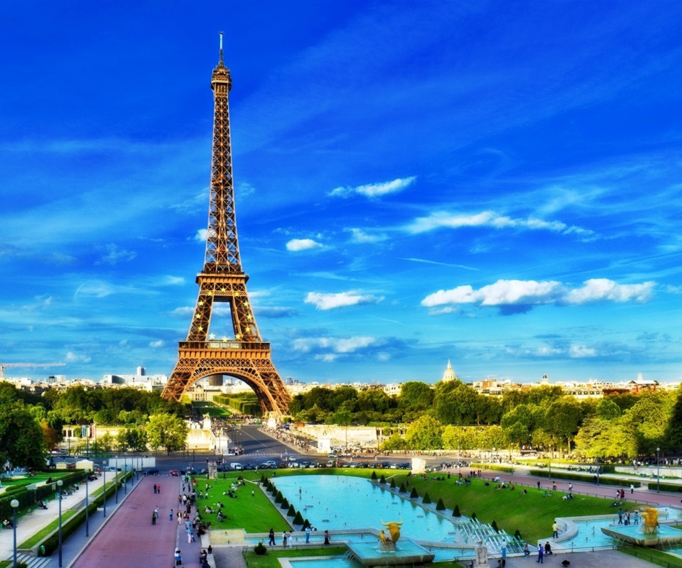 Eiffel Tower on Champ de Mars Greenspace wallpaper 960x800
