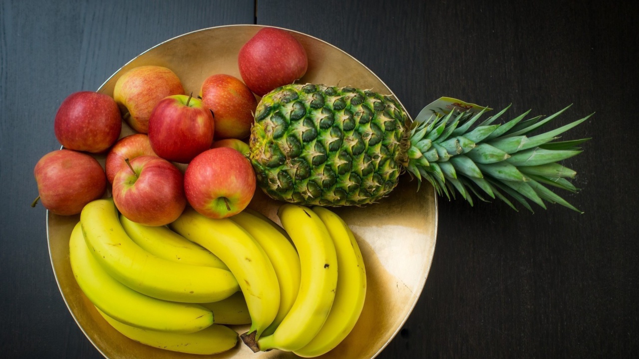 Обои Fruits, pineapple, banana, apples 1280x720