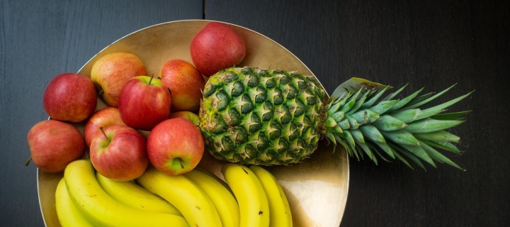 Fondo de pantalla Fruits, pineapple, banana, apples 720x320