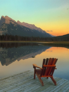 Das Wooden Chair With Pieceful Lake View Wallpaper 240x320