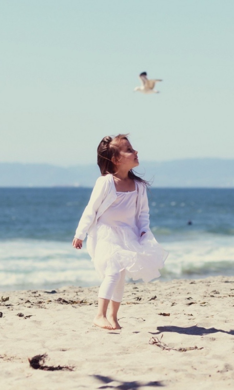 Little Girl And Seagulls On Beach wallpaper 480x800