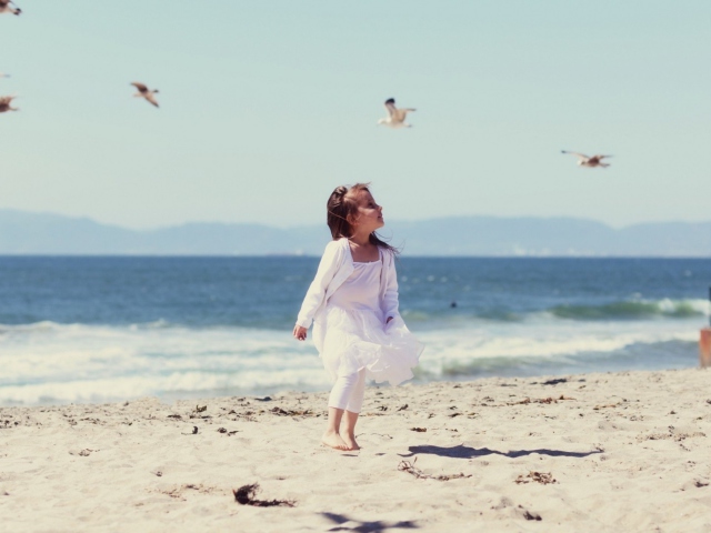 Sfondi Little Girl And Seagulls On Beach 640x480