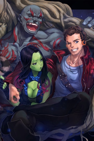 Das Strange Tales with Gamora and Drax the Destroyer Wallpaper 320x480