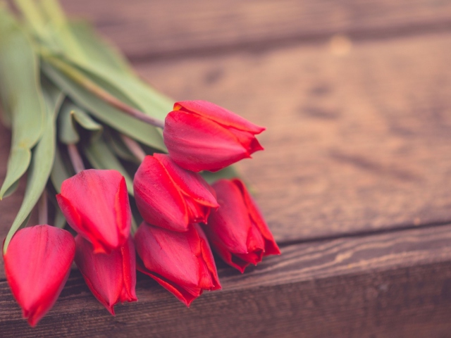 Sfondi Red Tulip Bouquet On Wooden Bench 640x480
