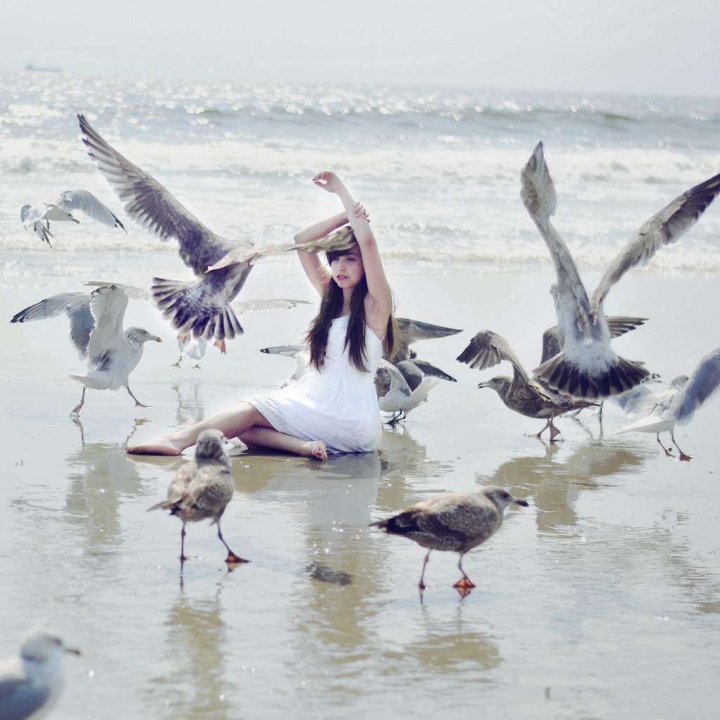 Sfondi Girl And Birds At Sea Coast 1024x1024