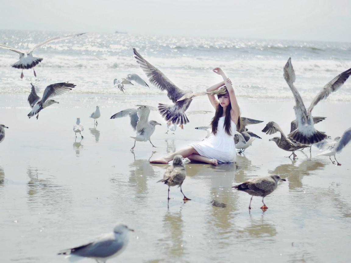 Sfondi Girl And Birds At Sea Coast 1152x864