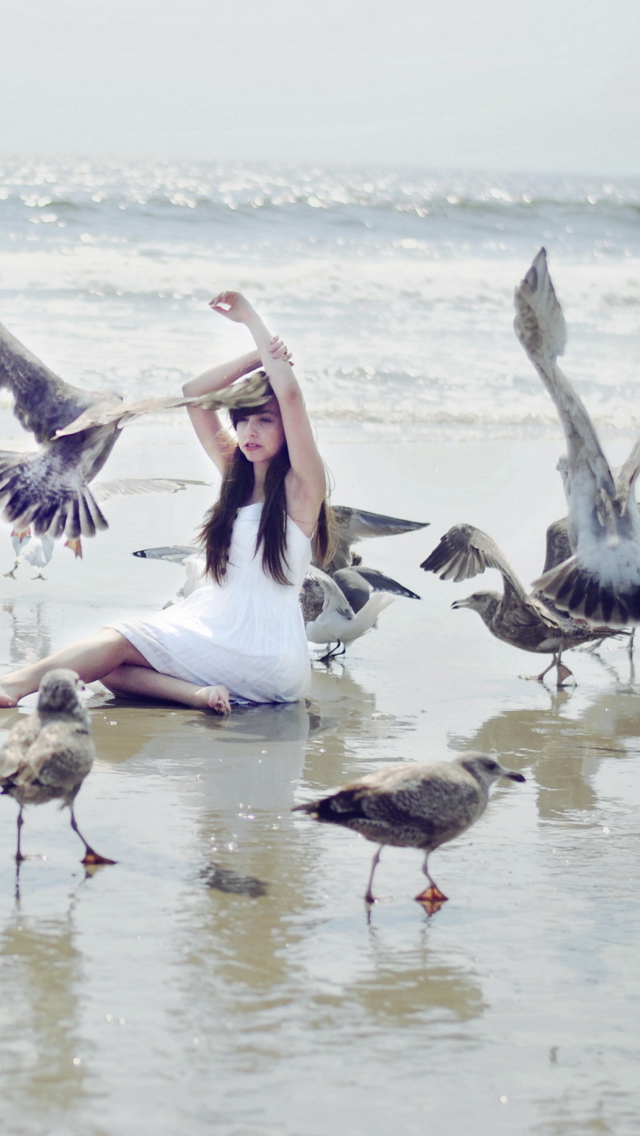 Girl And Birds At Sea Coast wallpaper 640x1136
