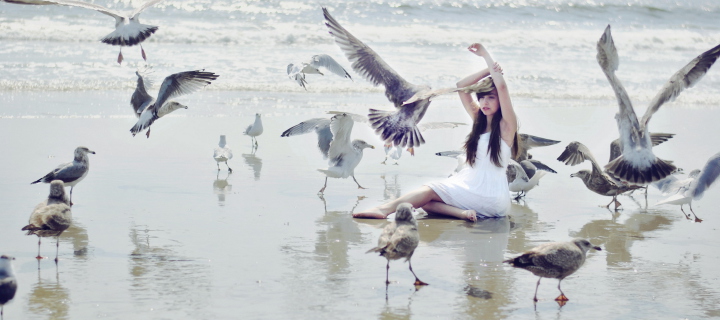 Sfondi Girl And Birds At Sea Coast 720x320