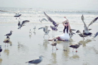 Girl And Birds At Sea Coast - Obrázkek zdarma 