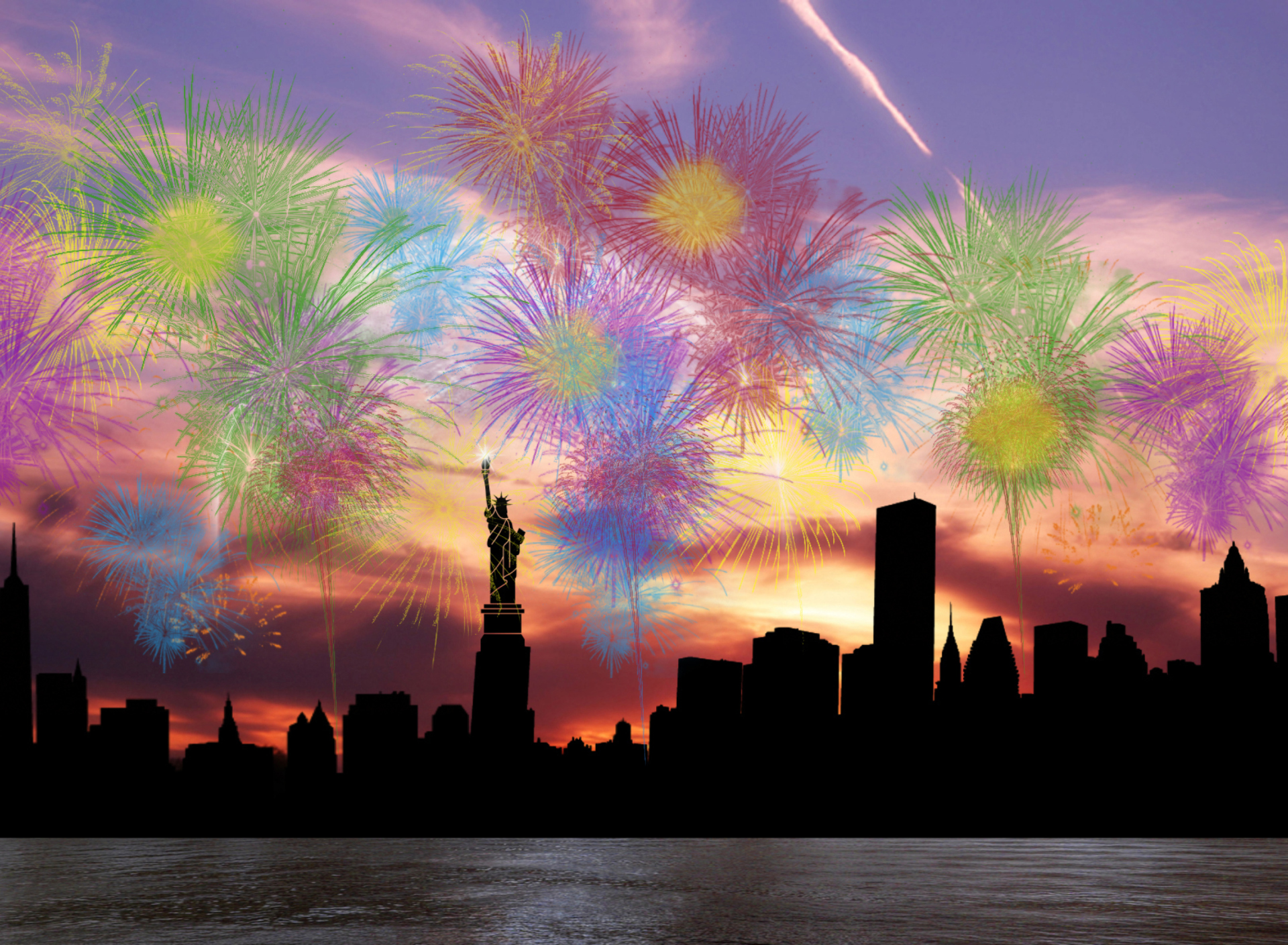 Обои Fireworks Above Statue Of Liberty 1920x1408