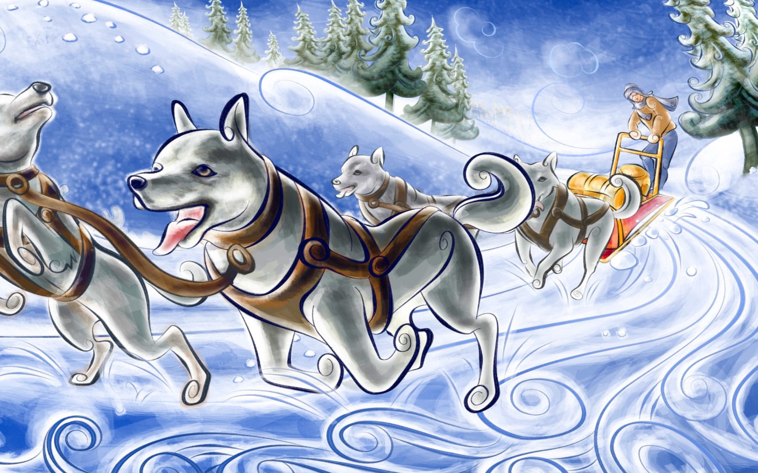Год собаки история. Зимние рисунки. Собачья упряжка. Новогодняя собачья упряжка. Собачья упряжка зима.