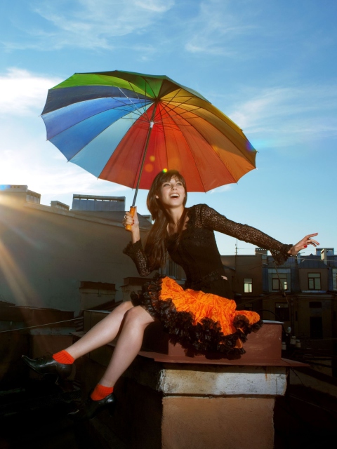Das Happy Girl With Rainbow Umbrella Wallpaper 480x640