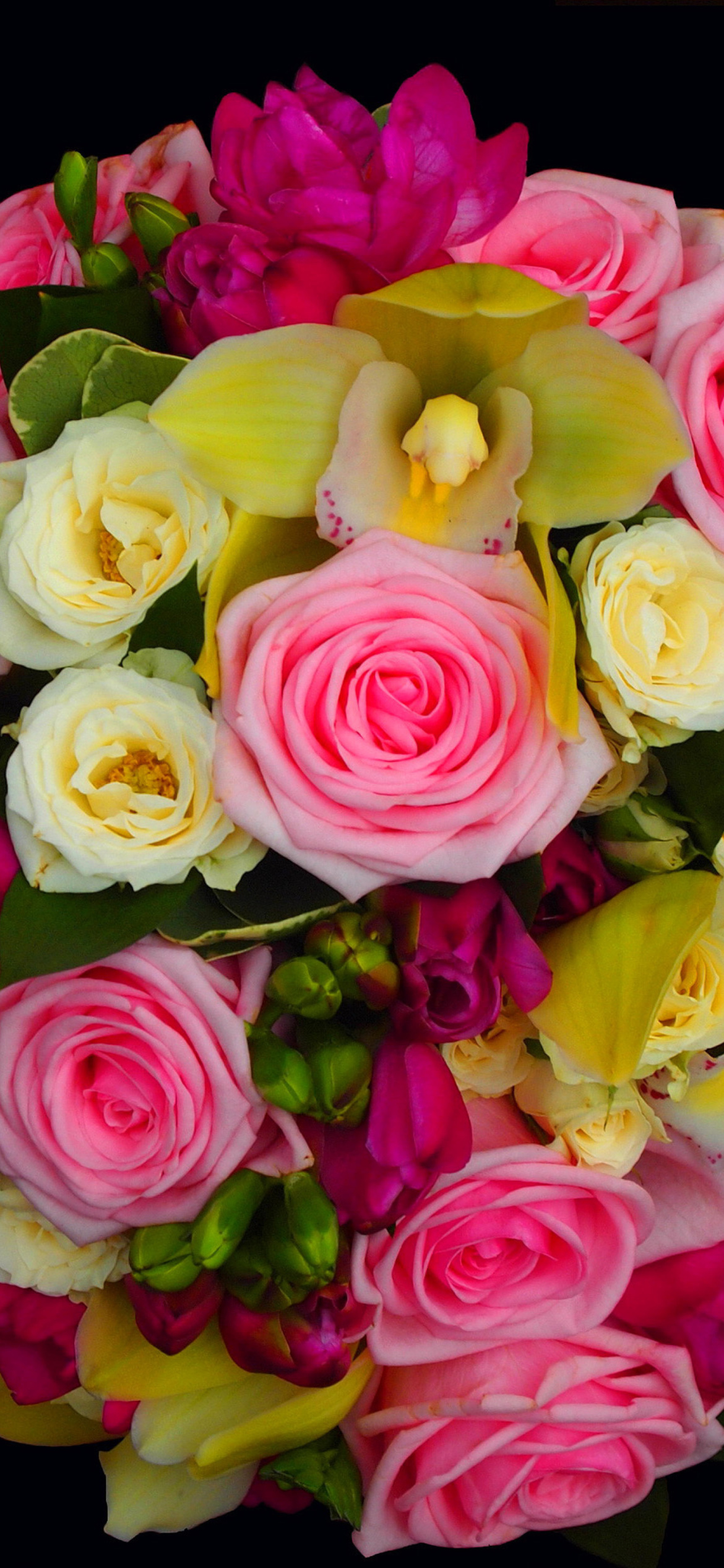 Bouquet of roses and yellow orchid, floristry wallpaper 1170x2532