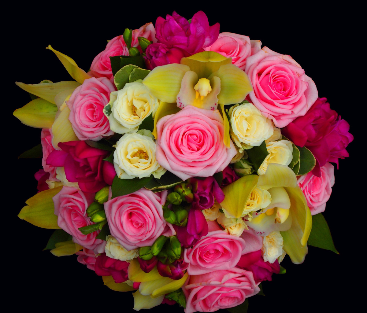 Bouquet of roses and yellow orchid, floristry wallpaper 1200x1024