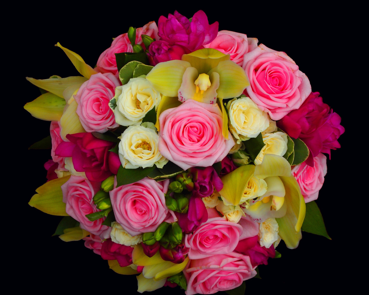 Bouquet of roses and yellow orchid, floristry wallpaper 1280x1024
