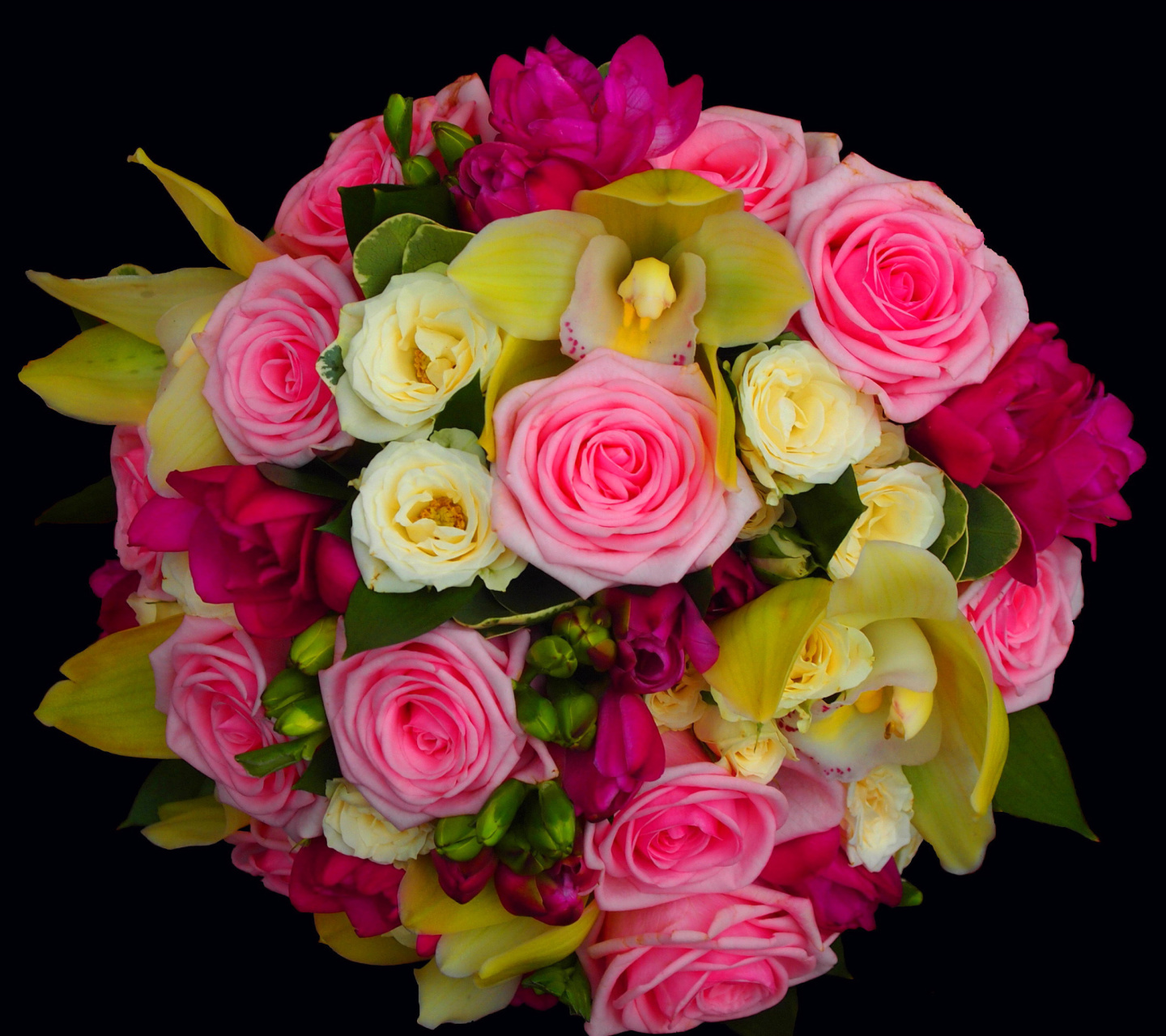 Sfondi Bouquet of roses and yellow orchid, floristry 1440x1280