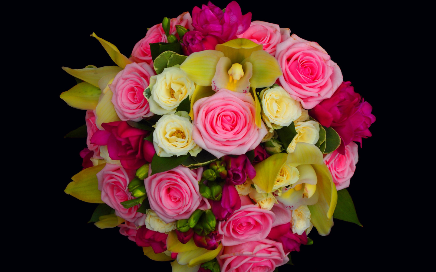 Das Bouquet of roses and yellow orchid, floristry Wallpaper 1440x900