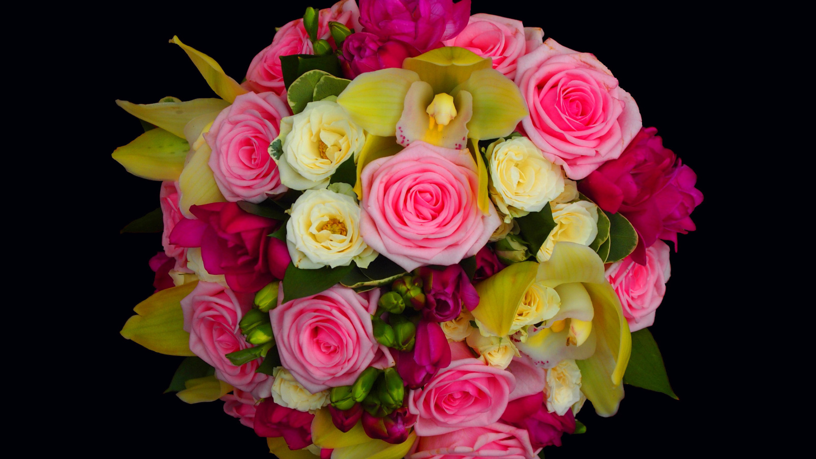 Bouquet of roses and yellow orchid, floristry wallpaper 1600x900