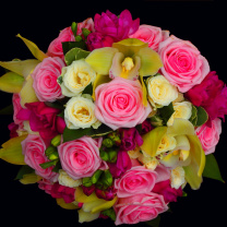 Bouquet of roses and yellow orchid, floristry wallpaper 208x208