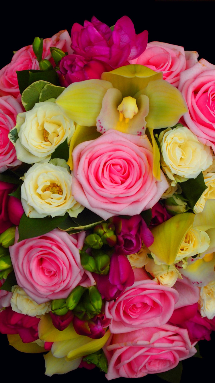 Bouquet of roses and yellow orchid, floristry wallpaper 750x1334