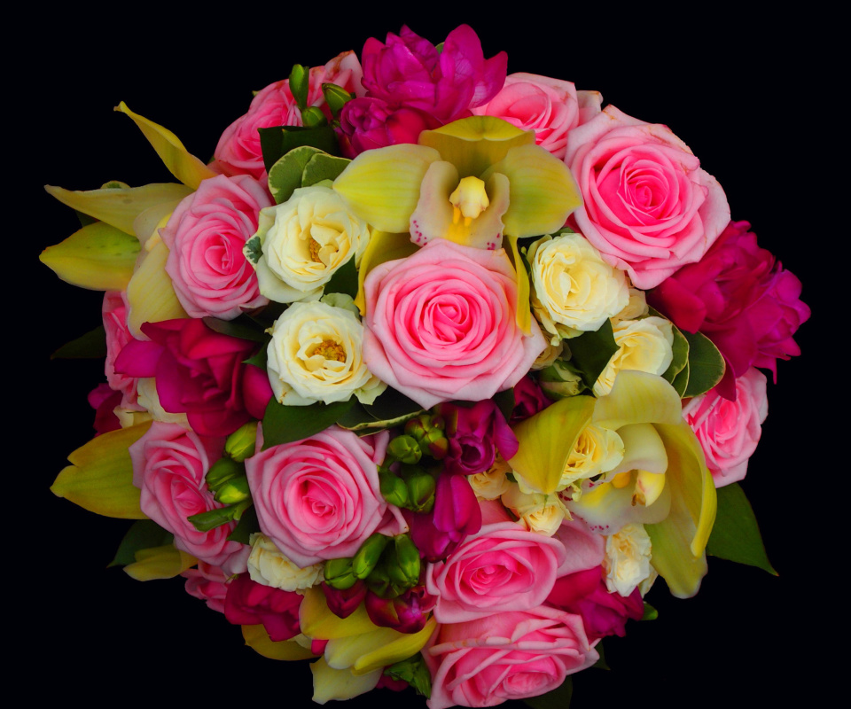 Bouquet of roses and yellow orchid, floristry wallpaper 960x800
