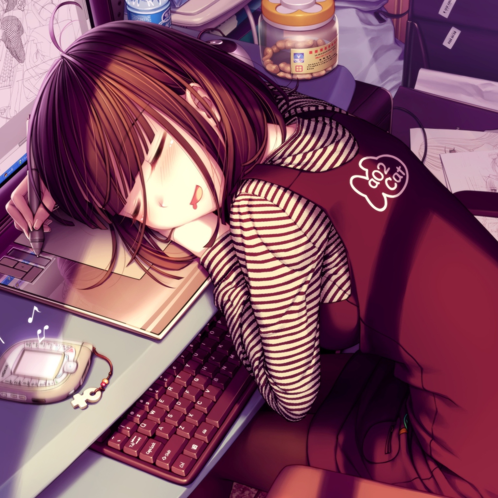Обои Girl Fallen Asleep During Digital Drawing 1024x1024
